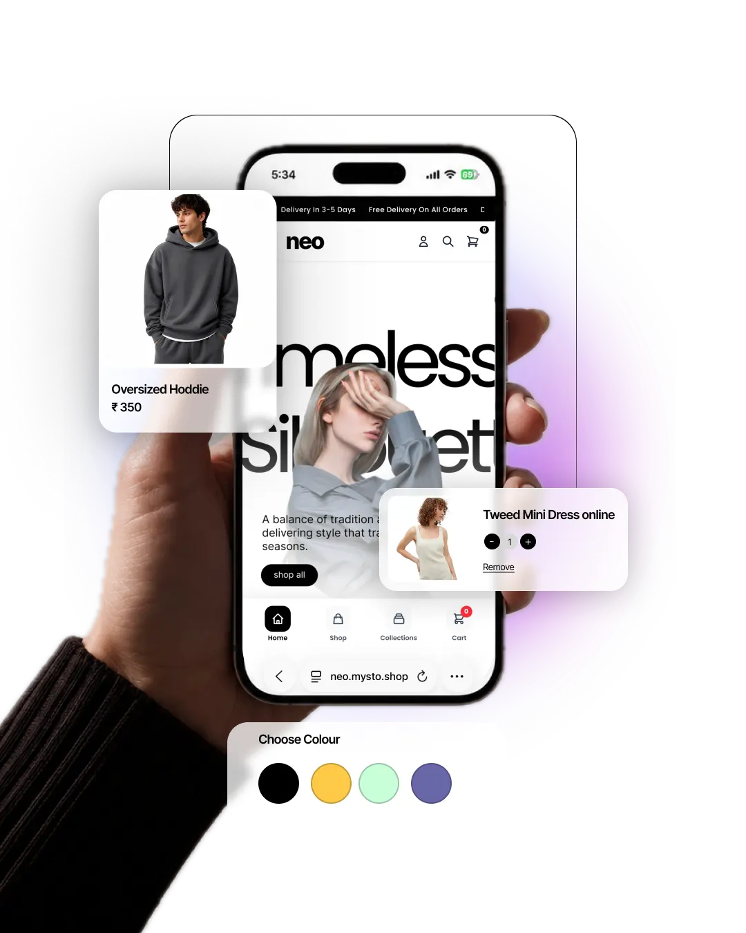 Mysto storefront on mobile with branded shop, product cards, and cart