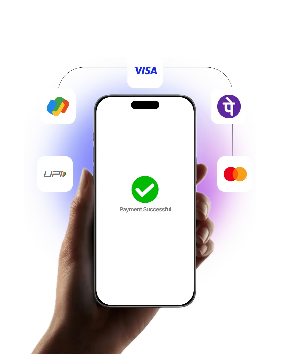 Checkout screen with UPI, cards, PhonePe, GPay, and Visa payment options