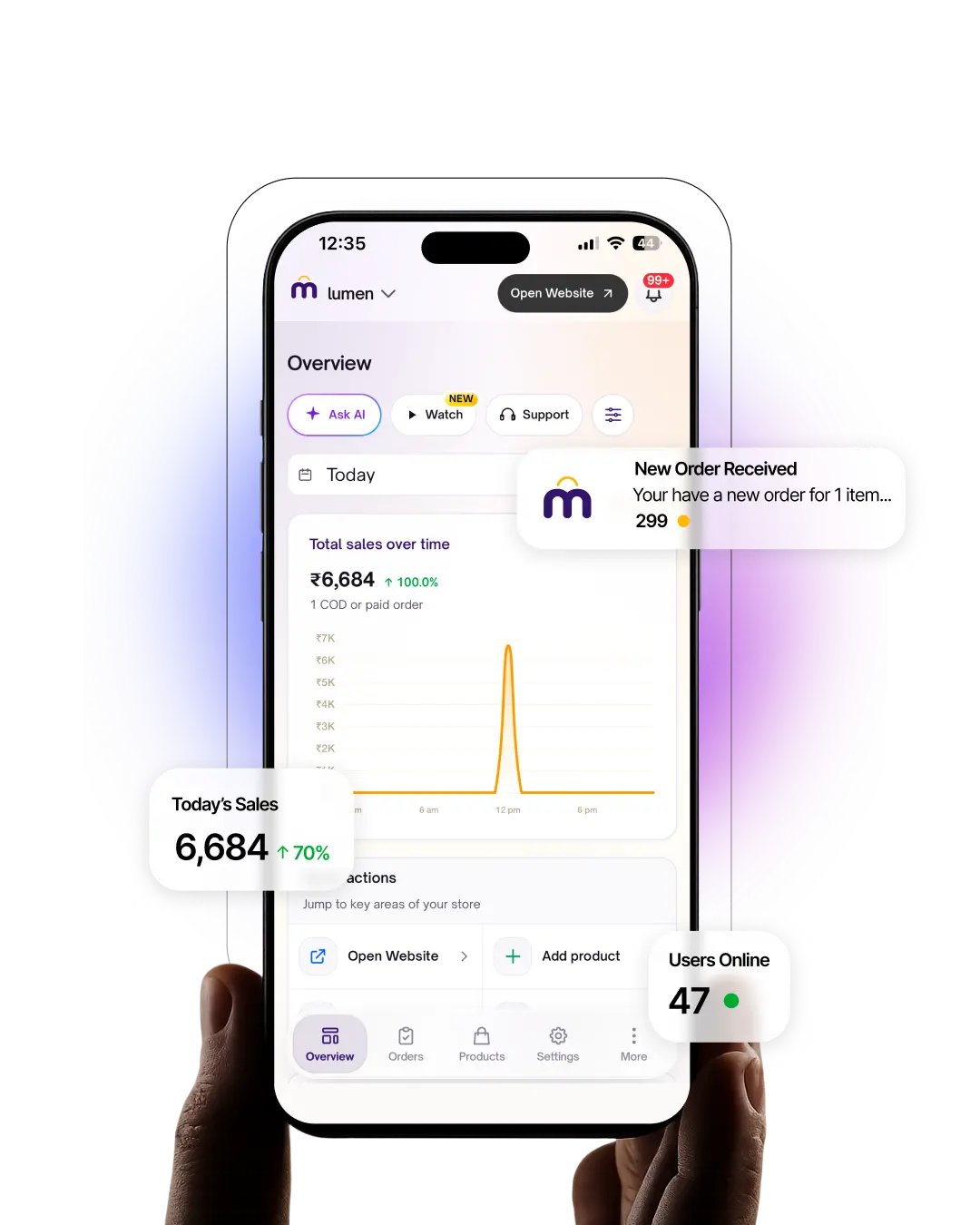 Mysto dashboard on phone: store performance, sales, and orders at a glance